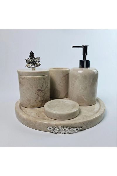 ege gross Decorative Natural Beige Marbroom Accessory 5 Pieces Marbroom Bathroom Set / Marbroom Bathroom Set
