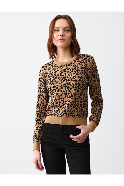 Jimmy Key Pulover de tricotaj cu decolteu rotund, cu imprimeu mixt de leopard