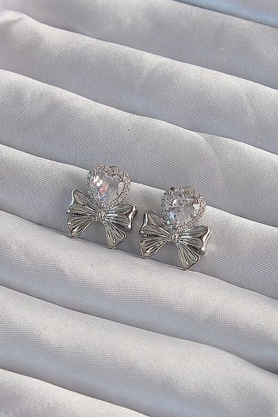 Skygo Brass Silver Color Zircon Stone Heart Model Bow Earrings - Tj-Bkp9310
