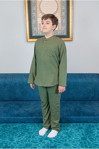 ihvanonline Boy's Hajj Umrah Half Placket Shirt Pants Set - Green (Krk)