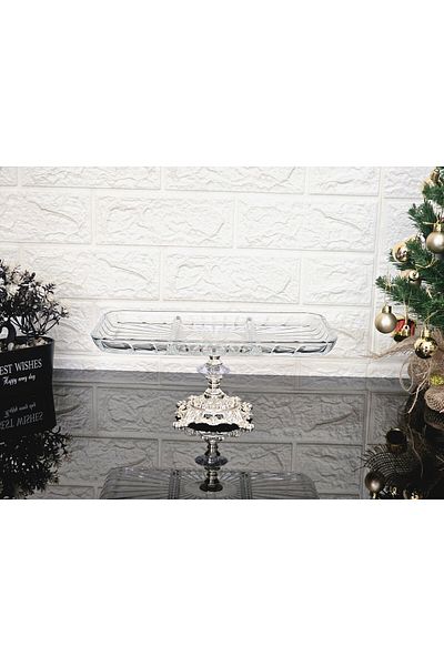 atabey home collection لوحة عرض مستطيلة الشكل وأطباق تقديم أنيقة مع أقدام صب فضية مقاس 27 سم