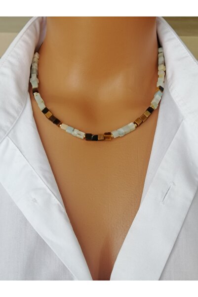 LemaStone قلادة مصممة على سلسلة نحاسية مع حجر الأموزونيت وحجر عين النمر.