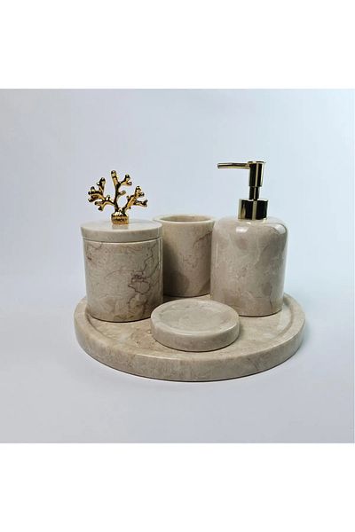 ege gross Decorative Natural Beige Marbroom Accessory 5 Pieces Marbroom Bathroom Set / Marbroom Bathroom Set
