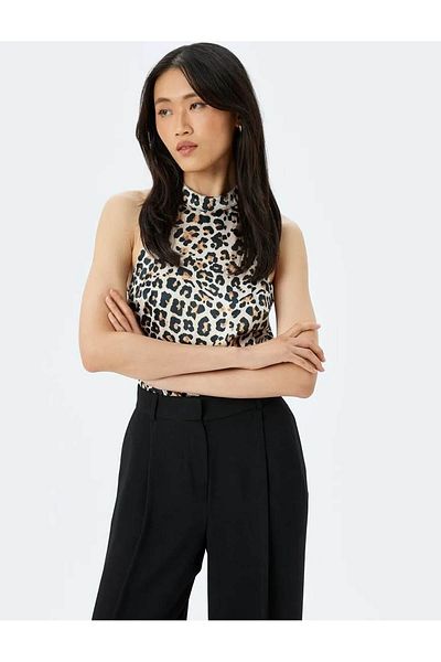 Koton Satin Sleeveless Halter Neck Leopard Blouse