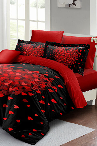 MonoHome Sevgililer Günü Lastikli Çarşaflı Pamuk Saten Çift Kişilik Kalpli Nevresim Heart Black