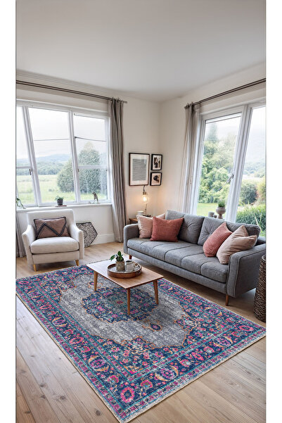 BigArts Home Mavi ve Pembe Çiçek Motifli Dijital Şönil Halı - Kaymaz Taban, V...