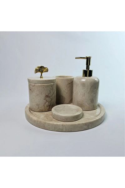 ege gross Decorative Natural Beige Marbroom Accessory 5 Pieces Marbroom Bathroom Set / Marbroom Bathroom Set