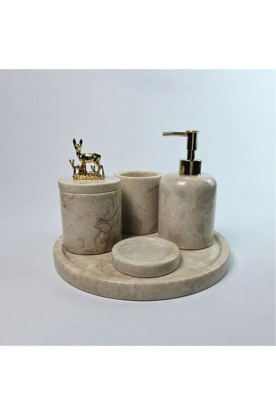ege gross Decorative Natural Beige Marbroom Accessory 5 Pieces Marbroom Bathroom Set / Marbroom Bathroom Set