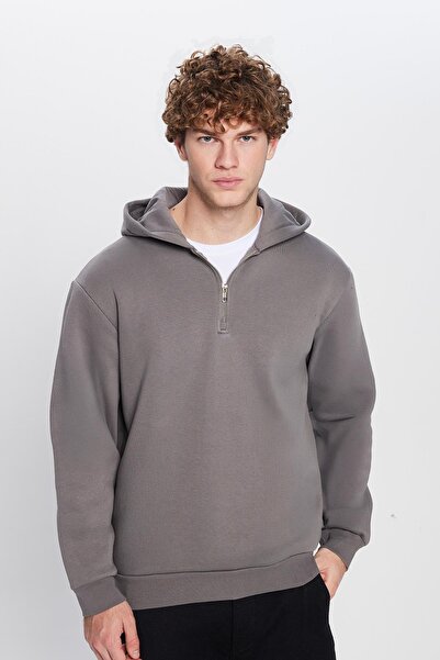Tudors Unisex Relax Fit Relax Cut Cotton Fleece Inside Half Zipper Gray Hooded Sweatshirt