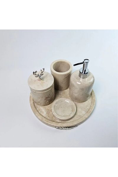 ege gross Dekorati̇F Natural Beige Marble Accessory Detailed 5-Piece Marble Bathroom Seṫ /Marble Bathroom Set
