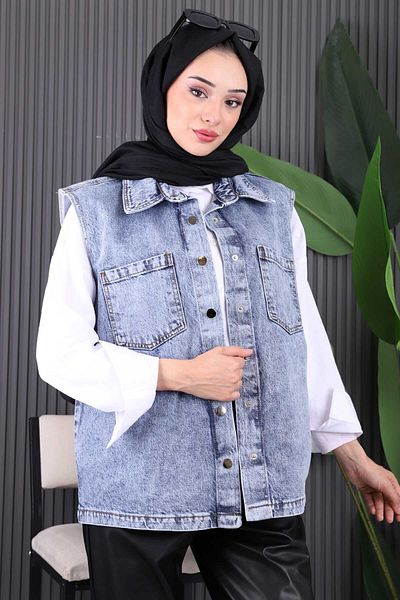 İmajButik Blue Pocket Front Snap Jeans Vest