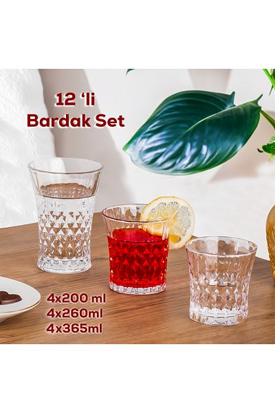 Perotti 234 Set of 12 Glass Glasses - Water Coffee Soft Drink Glasses - Water Glasses 200ml - 260ml - 365ml