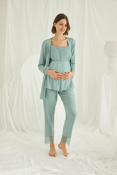 MONAMİSE Pregnant Maternity 3-Piece Pajamas Set with Nursing Button, Square Neck Button