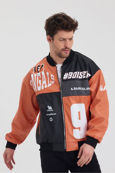 Black Level Men's Oversize Leather Garnished Printed Biker Coat College Jacket Bomber Casual Coat