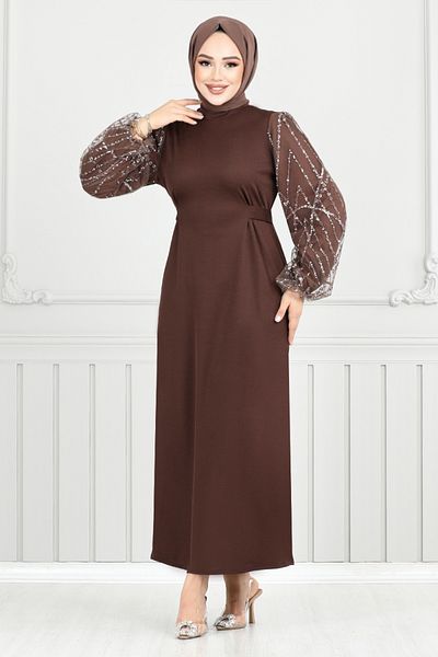 ModaMerve Coffee Color Glitter Detail Evening Dress 5602End900-M