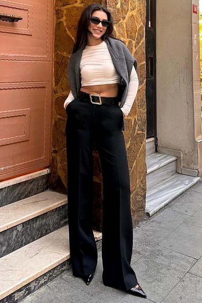 Madmext Black High Waist Fabric Pants Mg2285
