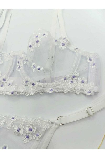 La Linaa Romaşkaa White Floral Patterned Thong Panty Bra Set