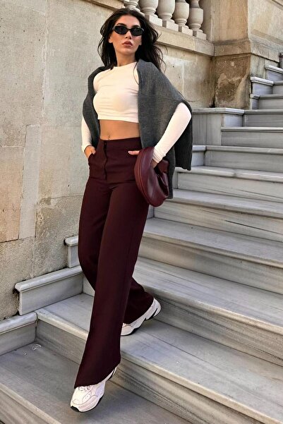 Madmext Bordo Yüksek Bel Kumaş Pantolon MG2284