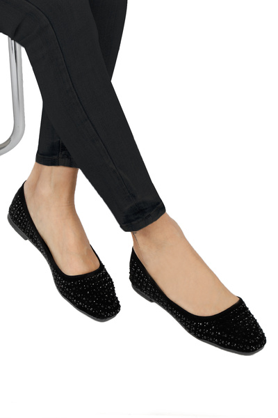 RENKLİBUTİK Siyah Kadın Taşlı Babet Rahat Taban Günlük Ayakkabı