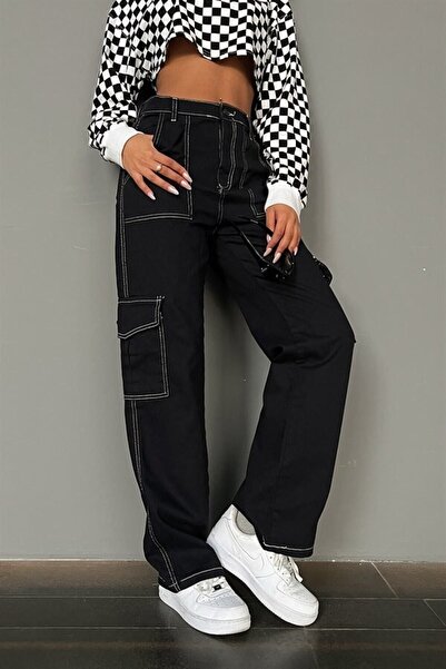 Linarose Wide Leg White Stitched Black Cargo Pocket Palazzo Jeans