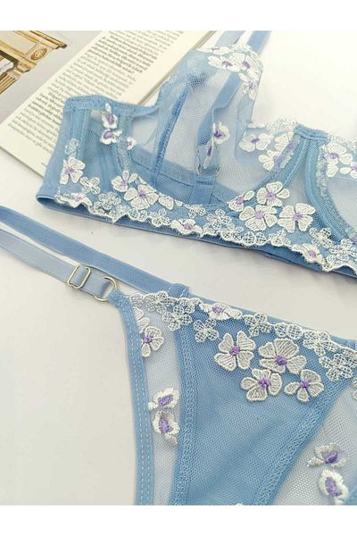 La Linaa Set de sutien chiloți cu model de flori albastre Romașkaa