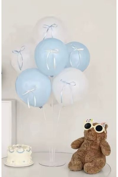 Deniz Party Store 3 Macarons Blue 3 White Balloon with Bow Ribbon