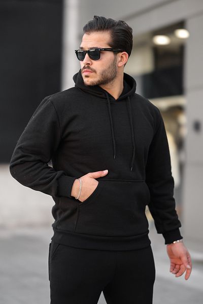 ruNadeS Hanorac pentru bărbați din fleece, cu glugă, cu buzunar cangur - Hanorac de bază cu trei fire
