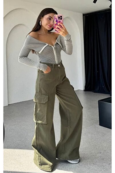 BERİ BUTİK Kadın Haki Cepli Jean Kargo Pantolon