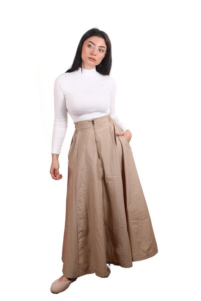 CHİLL DESİGN Fermuarlı Paraşüt Kumaş Bej Etek
