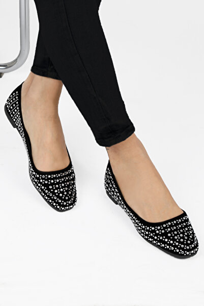 RENKLİBUTİK Siyah Kadın Taşlı Babet Rahat Taban Günlük Ayakkabı