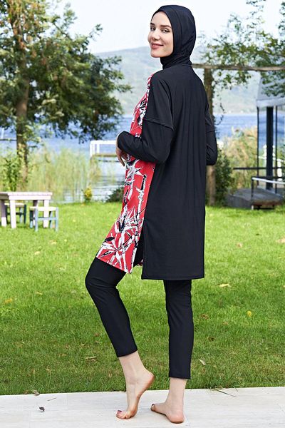 Ruko Maio 2411-2 Oversize Patterned Lycra Water Repellent and Quick Drying Fabric Hijab Swimsuit