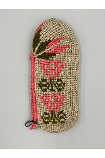 Şatilli Handmade Patik Tunus işi patik el örgüsü patik bej pembe çiçekli el emeği patik  Çorap 36-37