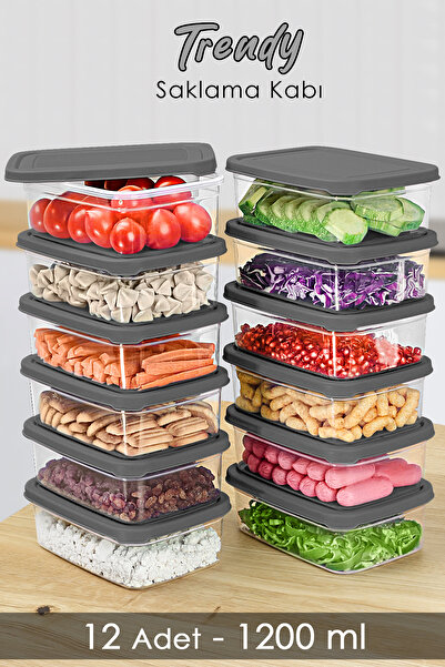 Meleni Home حاوية تخزين مستطيلة الشكل سعة 1200 مل باللون الرمادي - 12 قطعة