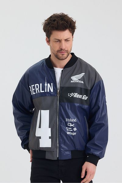 Black Level Men's Oversize Leather Garnished Printed Biker Coat College Jacket Bomber Casual Coat