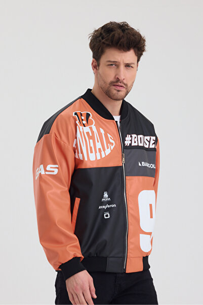 Black Level Erkek Oversize Deri Garnili Baskılı Motorcu Montu Kolej Ceketi Bomber Günlük Mont