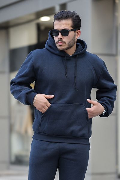 ruNadeS Hanorac pentru bărbați din fleece, cu glugă, cu buzunar cangur - Hanorac de bază cu trei fire