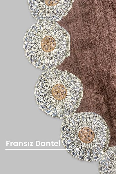 Bonny Home Gülruba Oval Coffee Dowry Lace 2-Piece Bath Mat Set Non-Slip Base Toilet Seat