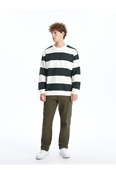 LC Waikiki Ανδρικό χοντρό φούτερ με μακρυμάνικο ριγέ πράσινο λαιμόκοψη