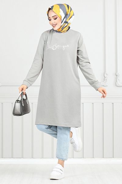 ModaMerve Γκρι Lurex Hijab Tunic - 798OZR1047-M