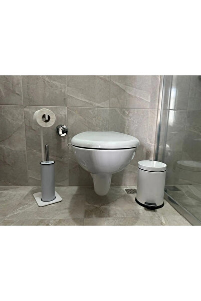 AJU حامل مناديل المرحاض، مجموعة سلة المهملات مع حامل فرشاة ودواسة - تصميم معدني أسود عصري وأنيق