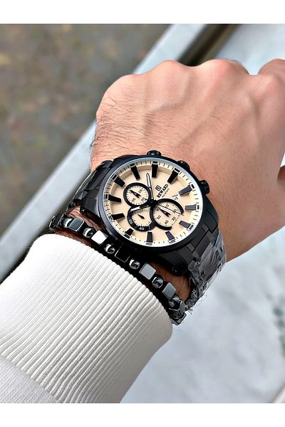 Reward Black Color Steel Band Business Case Cord Steel Men's Wrist Watch+Bracelet