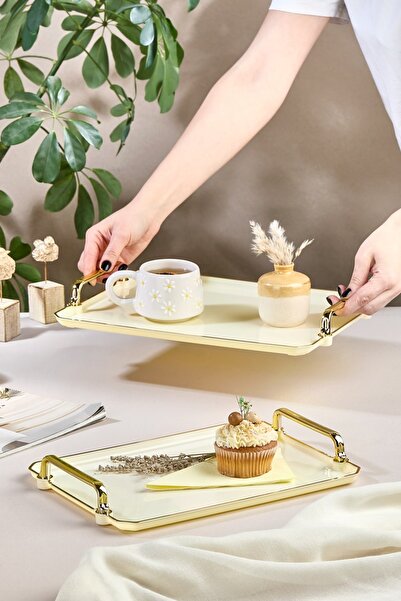 Leila 2’li Krem Tepsi Sunum Dekoratif Ev Sofra Mutfak Çay Kahve Tepsi