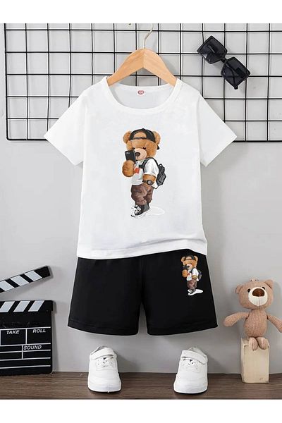 THEKONT Photographer Bear Printed Tshirt-Shorts Top and Bottom Set