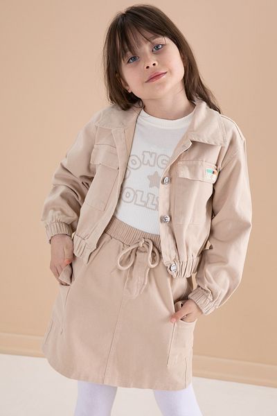 Cansın Mini Cream Breast Pocketed Jean Jacketed Skirted Girl's 3-Piece Suit 20185