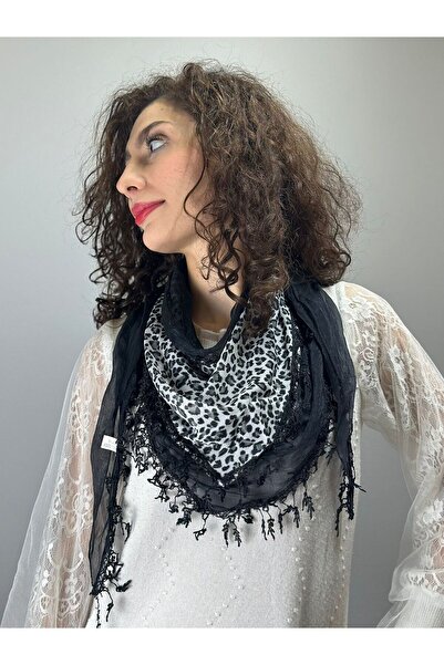Gönülden Tasarım Leopard Chiffon Tasseled Women's Scarf Shal 140X40 cm