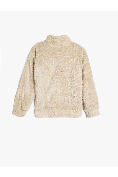 Koton Girls Oversize Plush Sweatshirt Stand Collar Half Zip Long Sleeve