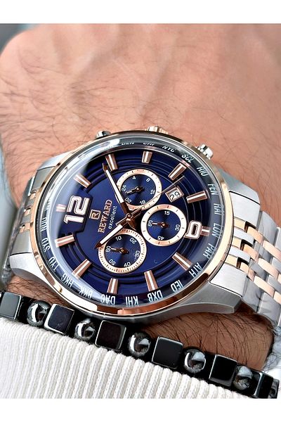 Reward Silver Color Steel Case Cord Business Men's Wrist Watch+Bracelet