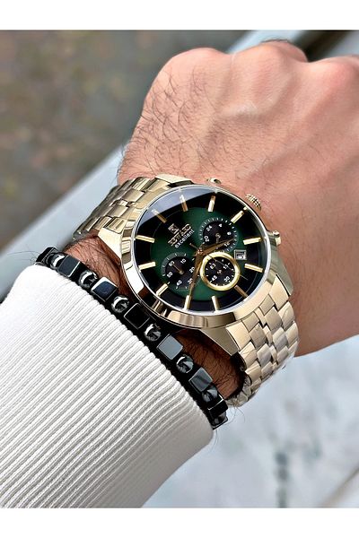 Reward Gold Color Case Cord Steel Business Men's Wrist Watch+Bracelet