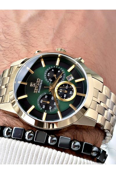 Reward Gold Color Case Cord Steel Business Men's Wrist Watch+Bracelet