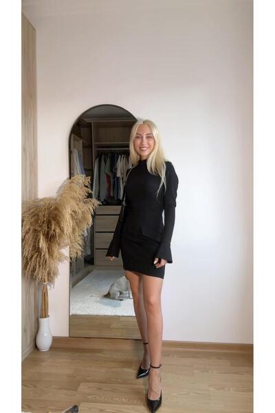 Butik Siyah Cep ve Kol Detaylı Mini Elbise